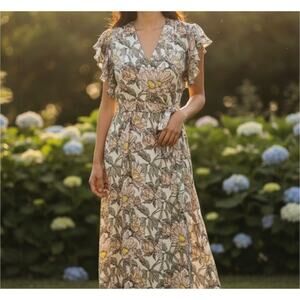 Anthropologie Blank London Flounce Floral Wrap Maxi Dress Women's XS Gray